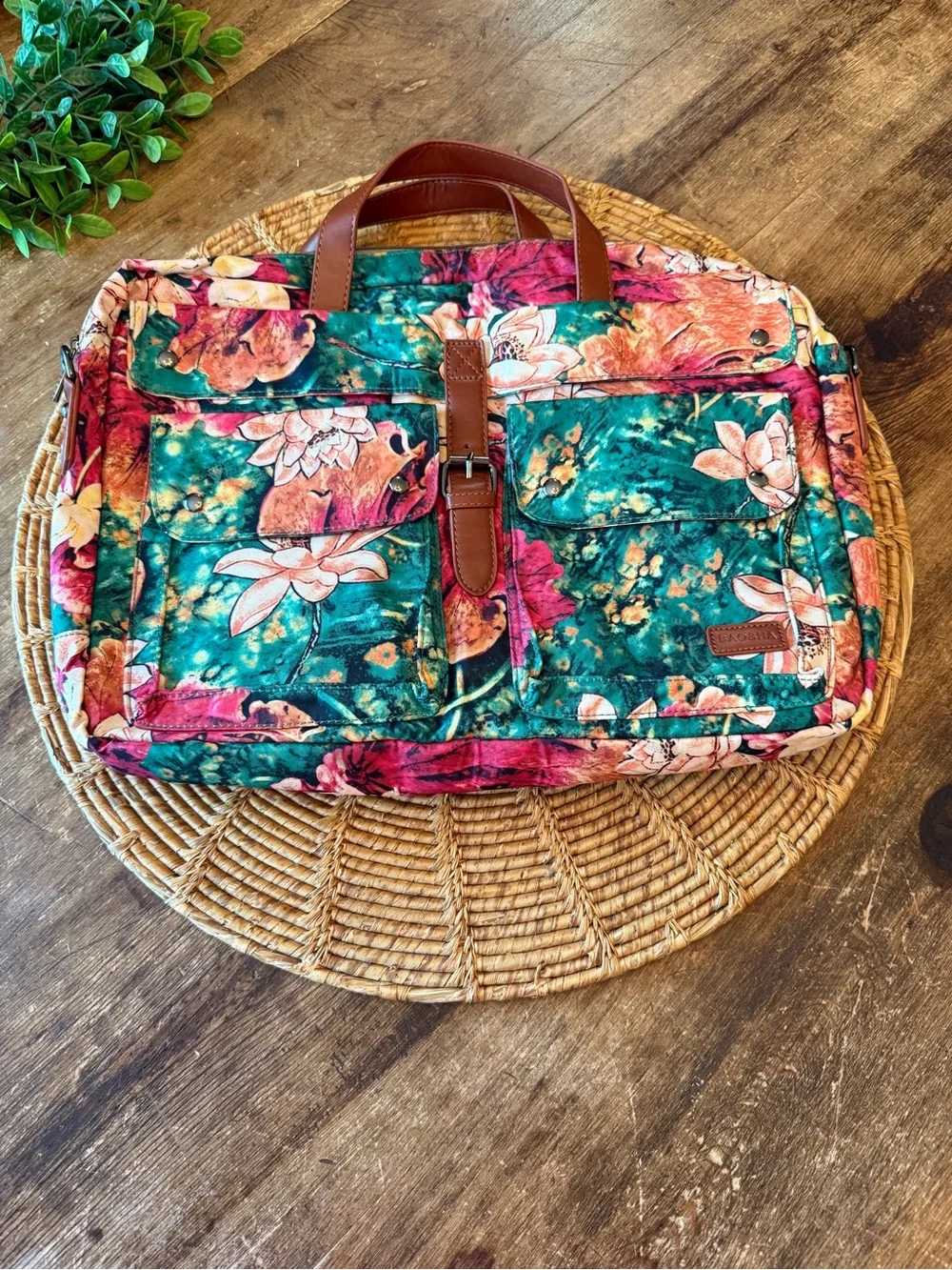 NWOT BAOSHA Floral Computer Briefcase Style Bag with Teal & Pink